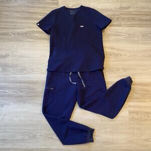 Figs Navy Blue Catarina One Pocket Top & Zamora Scrunch (old style) Joggers - M